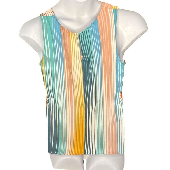 Rachel Zoe Multicolor Striped Tank Top Sleeveless Scoop Neck Ruffle Slit M - Picture 5 of 7